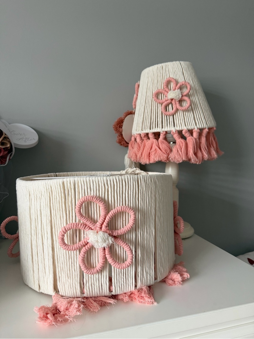 Cream and Pink Floral Macrame Table Lamp and Shade Set